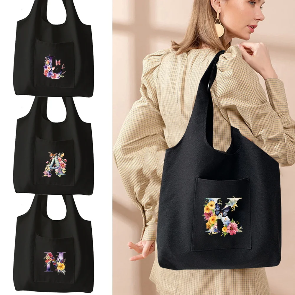 

Women's Shopping Bag Fashionable Canvas Shoulder Bag Butterfly Letter Pattern Printed Women's Handbag Commuting Basic Vest Bag