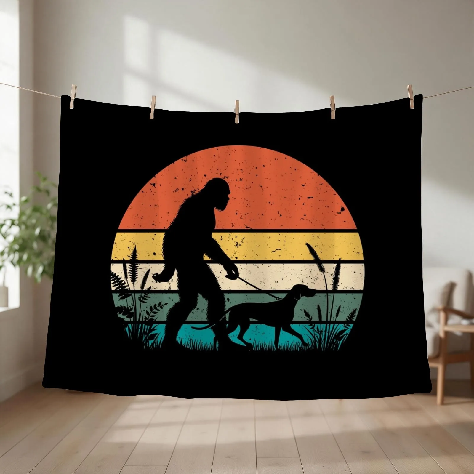 Bigfoot Walking a Vizslas Dog Vintage Sunset Hiking Dog Lover Throw Blanket couch cozy soft plush fuzzy picnic outdoor blanket