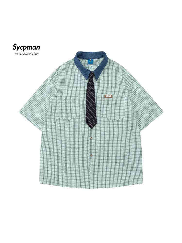 Sycpman Vintage JK Academy Style Tie Plaid Short Sleeve Shirts for Men Trendy Streetwear Summer Loose Casual Shirt