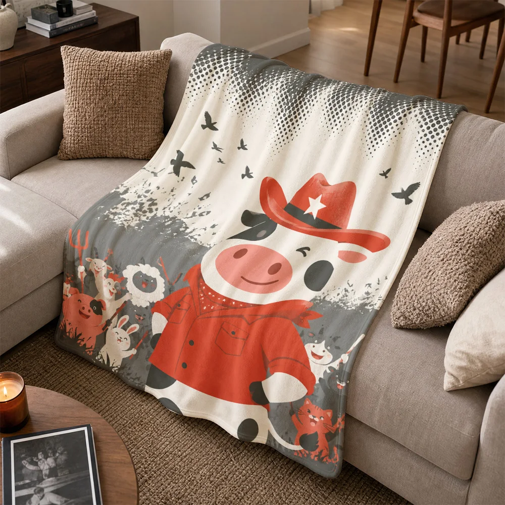 Cute Cartoon Animal Throw Blanket for Sofa Couch Home Decor Western Rodeo Style Pop Art Cozy Winter Gift