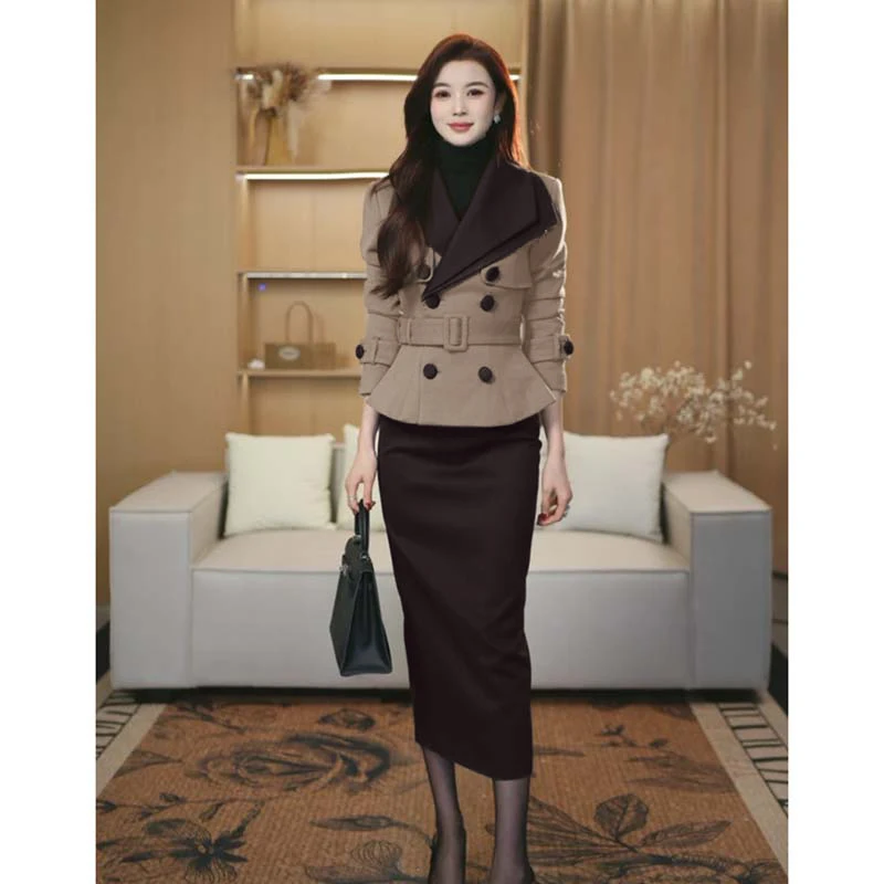 

Длинный костюм Sve, топ с поясом и запахом, юбка, комплект из двух предметов, осеннее новое поступление, женский ансамбль Faion, полиэфирное волокно