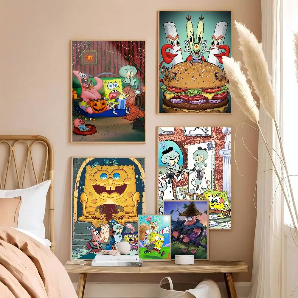 SpongeBob Cartoon Anime Posters Sticky Fancy Wall Sticker for Living Room Bar Decoration Room Wall Decor