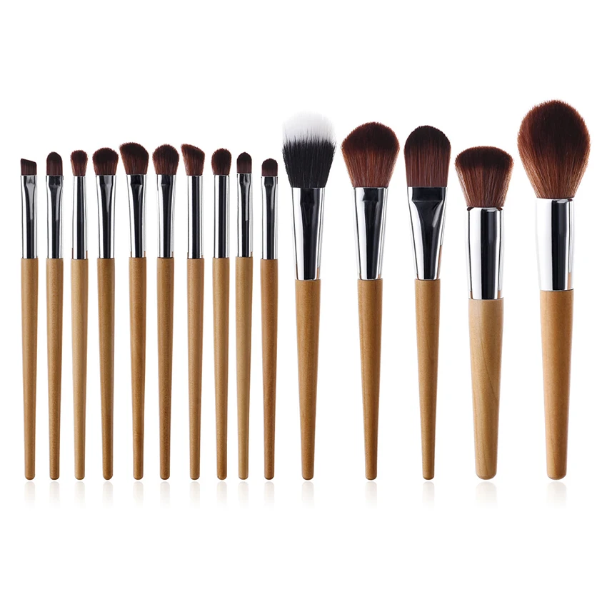 SAIANTTH – ensemble de pinceaux de maquillage en bois naturel, 15 pièces, tube argenté, poudre ample, fard à paupières, mélange oblique, outil cosmétique complet