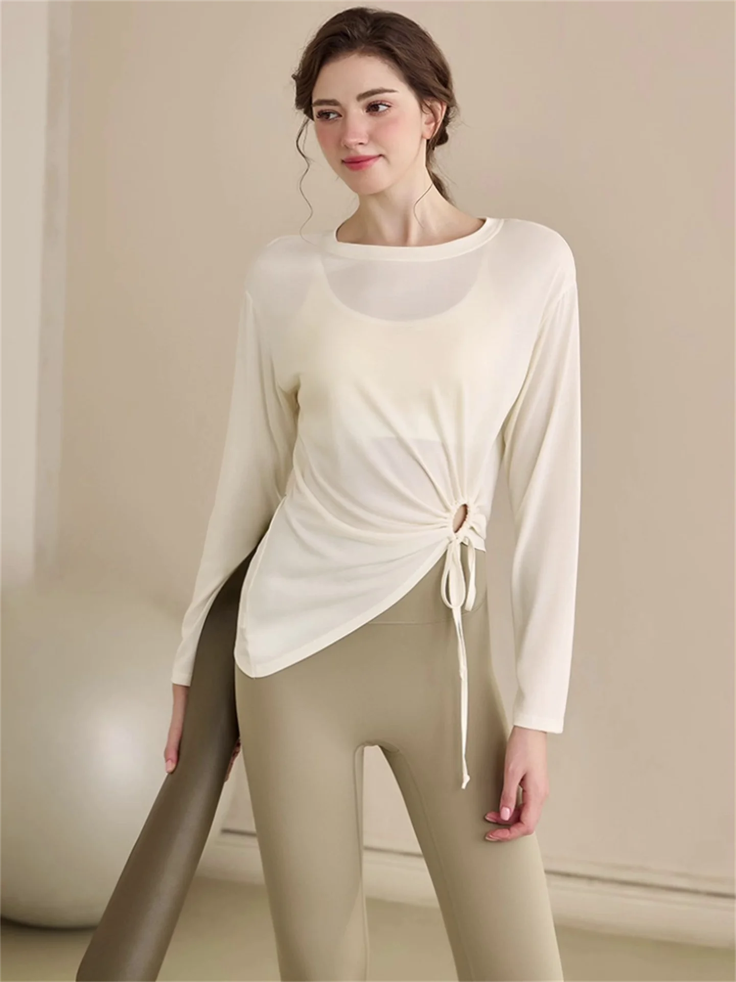 

Women's Yoga Clothes Loose Long Sve Fitn Tops Autumn Winter Sle Qui Dry Hollow out Dstring Sportswear T-irt