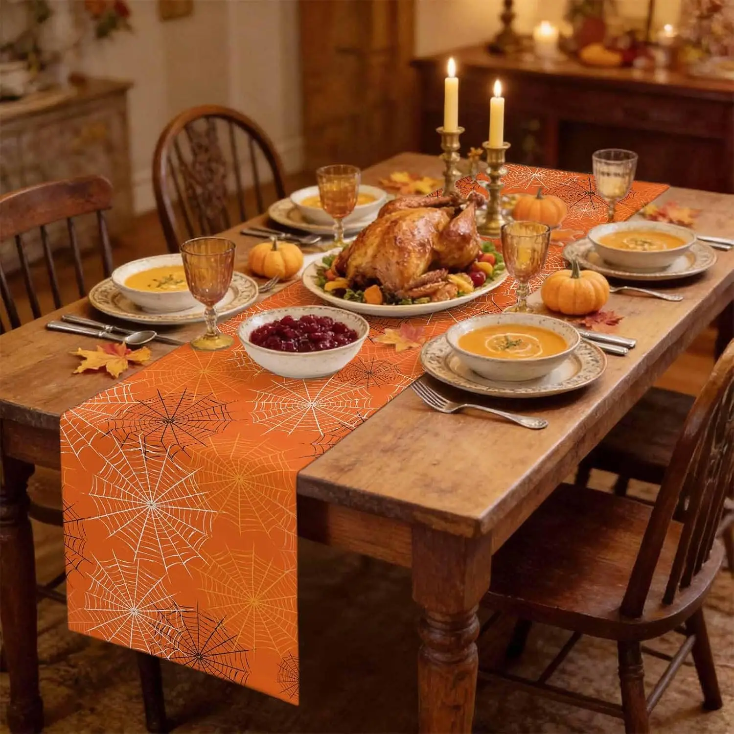 Halloween Spooky Cobweb Linen Table Runner Holiday Party Decor Washable Kitchen Dining Table Runner Halloween Decorations