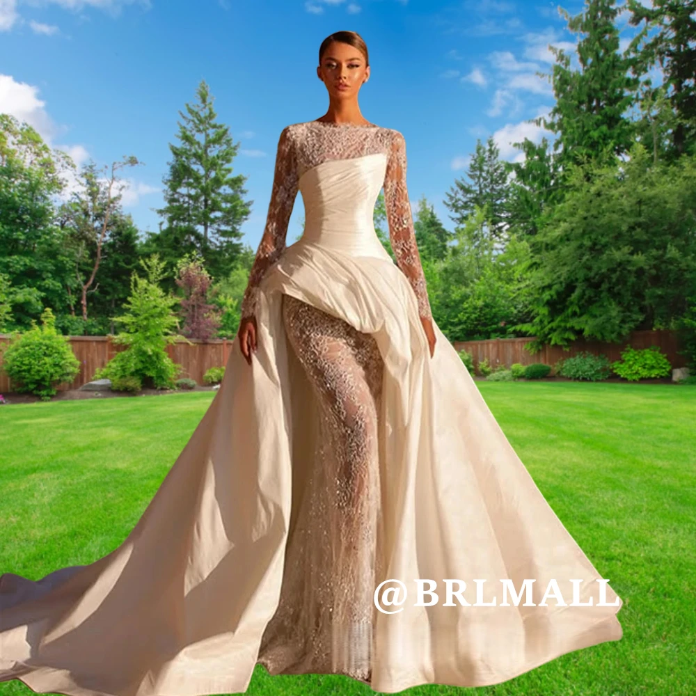 

Modern Beaded Lace Bride Dress for Women Full Ilusion Sleeves Satin Train Wedding Dress for Brides, Designer Bridal Gown