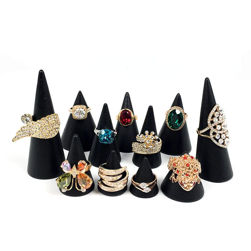 

Wooden Cone Ring Holder Black Trinket Jewelry Counter Display Showcase Stand Storage Base Jewelry Organizer Rack Props Ornaments