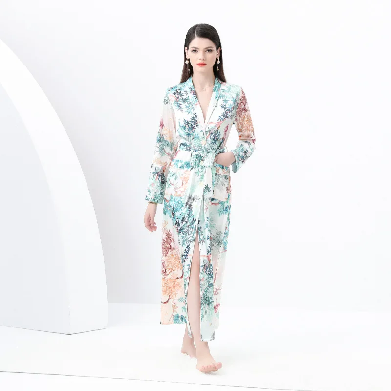 Casual Printed Dr Nightgown Set with Lapel Spwear Ensemble Early Spring Women's Faion Thi Winter Gown with Pleats