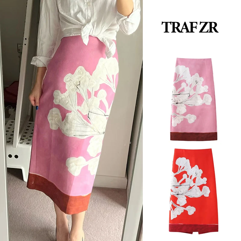 

TRAF ZR Midi Wemon Skirt Mid Waist Back Slit Hidden Zipper Floral Printed Aesthetic Summer Outfit Streetwear