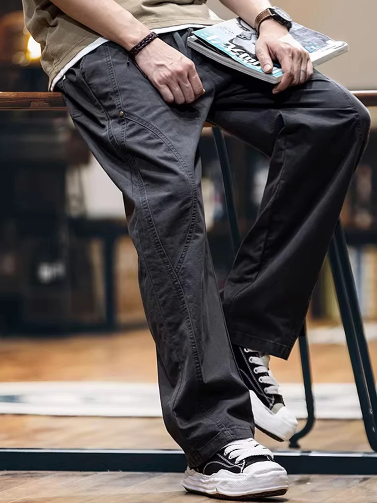 

Мужские повседневные брюки большого размера в американском ретро-стиле с пэчворком, весна-осень, новые, свободные, широкие штанины, из чистого хлопка, рабочая одежда, прямые.