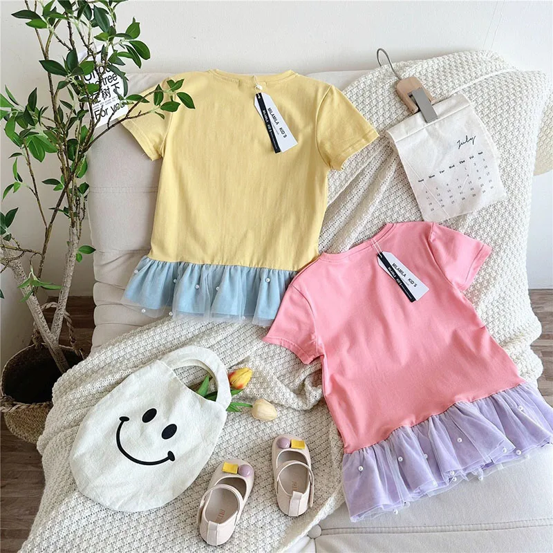 جديد فستان الأميرة الفتيات فستان الصيف قصيرة الأكمام الحلو الفتيات طباعة فستان الأطفال ملابس للحفلات الدانتيل المرقعة فساتين الاطفال