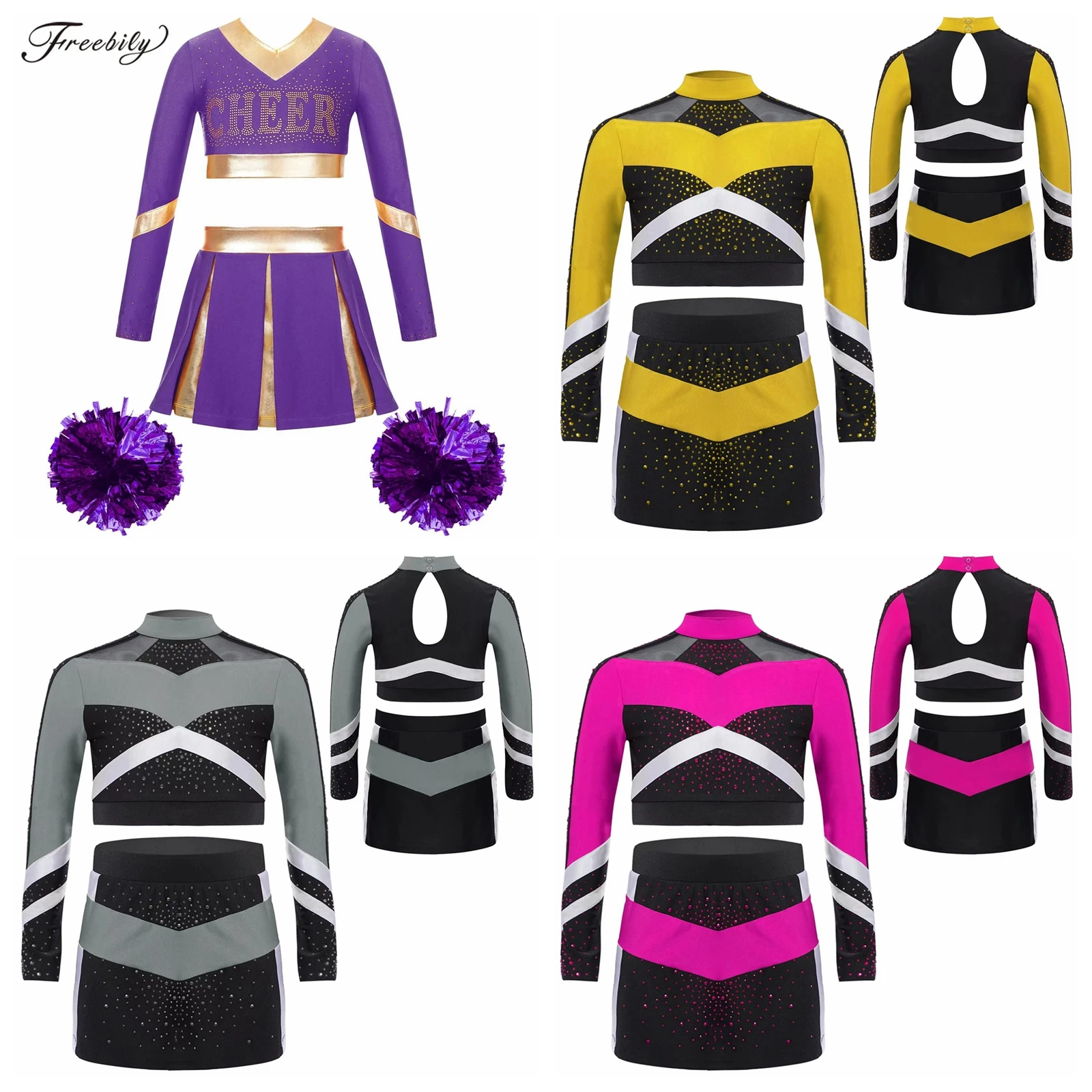 Teens Children Cheerleading Uniforms with Hand Flowers Teen Cheerleader Cheeing Team Dancewear Set Kids Girls Cheer Dance Outfit