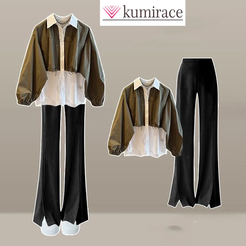 Fashionable Spring and Autumn Season New Korean Edition Design Fake Two Piece Shirt High Waist Split Casual Pants Two Piece Set