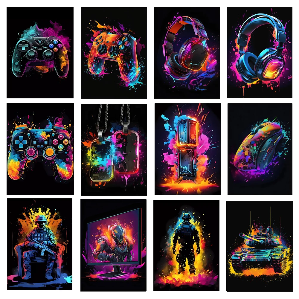 Pop Neon Video Game Character Poster Gamepad Headphones Football Basketball Canvas Print Wall Art Decor Gaming Room Decoration