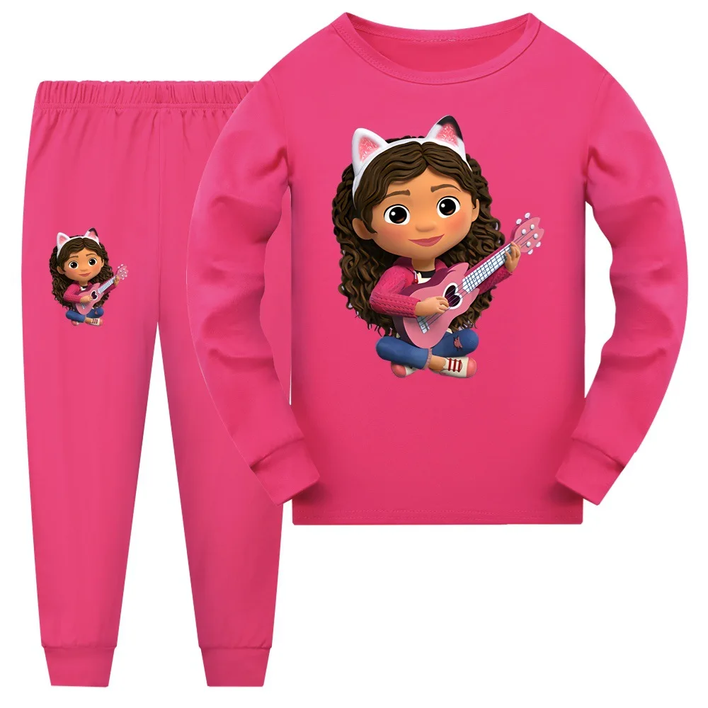 Gabbys-Conjunto de pijama de dibujos animados para niños, camiseta de manga larga, pantalones, 2 piezas