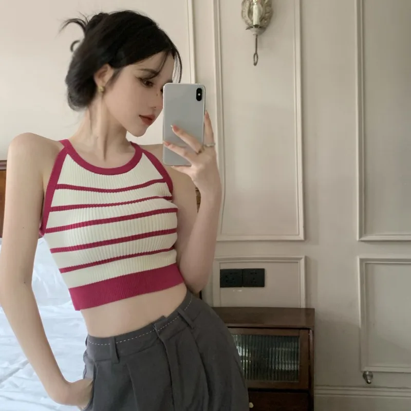 Women Summer Korean Suspenders Top Slim Retro Slim Fit Knitted Halterneck Stripes