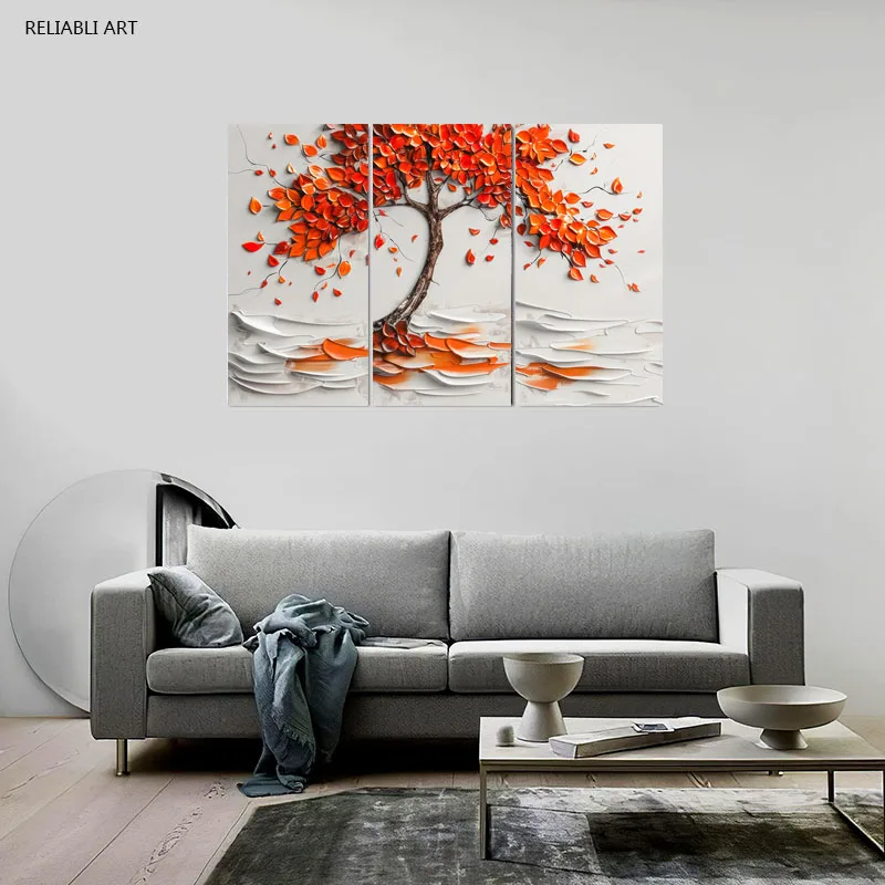 Red Leaves Tree on Canvas Wall Print Modern Art Poster Picture Home Decor Gift,Oil Paintings Artwork Autumn Scenics Triptych