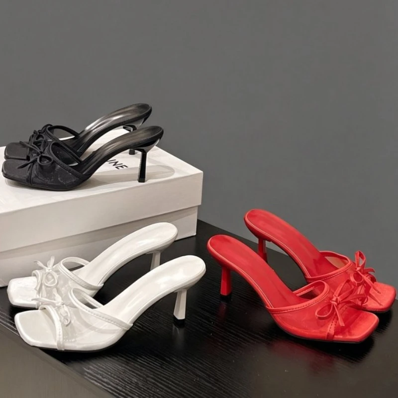 

Square Open Toe High Heel Women Mesh Slippers 2026 Summer Outdoor Daily Walking Pumps Fashion Slip On Evening Party Dress Slides