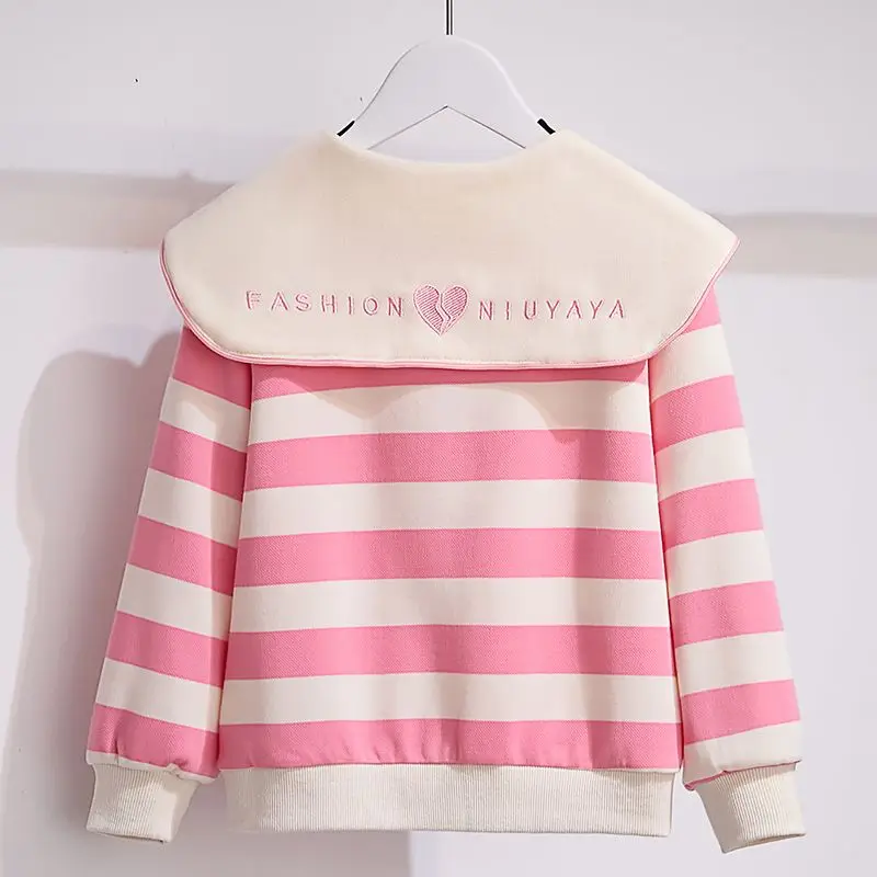 Jersey de manga larga con cuello de muñeca para niñas, jersey de retales con botones a rayas, parte inferior suelta, Tops elegantes informales a la moda, otoño e invierno, 2023