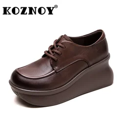 Koznoy 7cm Cow Genuine Leather Comfy Booties Autumn Spring Platform Wedge Women Mary Jane Loafers Ankle Boots Pumps Retro Shoes