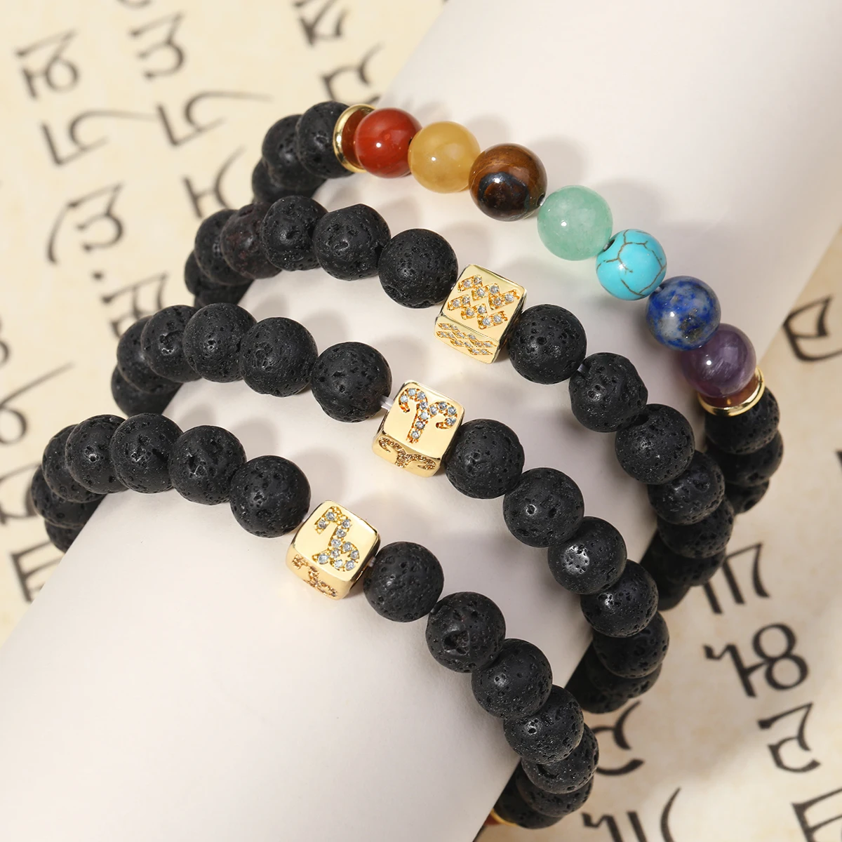 Chakra 12 Zodiac Signs Bracelet  Natural Stone Volcanic Lava Stone Beads Stainless Steel Energy Classic Men's Bracelet 호안석