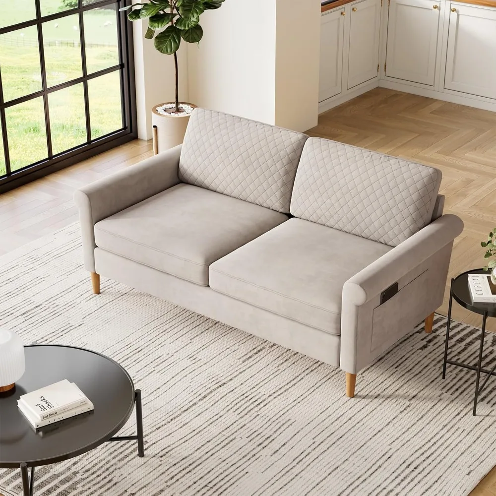 

"65" Beige Loveseat - Mid-Century Modern 2-Seater w/ No-Tool Assembly"​