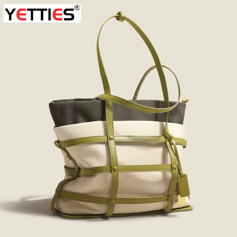 

YETTIES Women's Woven Canvas Tote Bag 2023 Contrast Color Boarding Large Capacity Dual Color Inner Tank Bag Water Bucket Bag