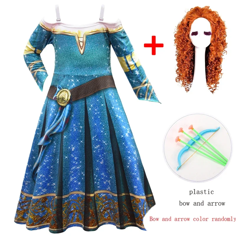 Halloween Girls Merida Dress Brave Performance Costume Summer Birthday Party Feifei Sleeves Green Gothic Vintage Dresses Wig