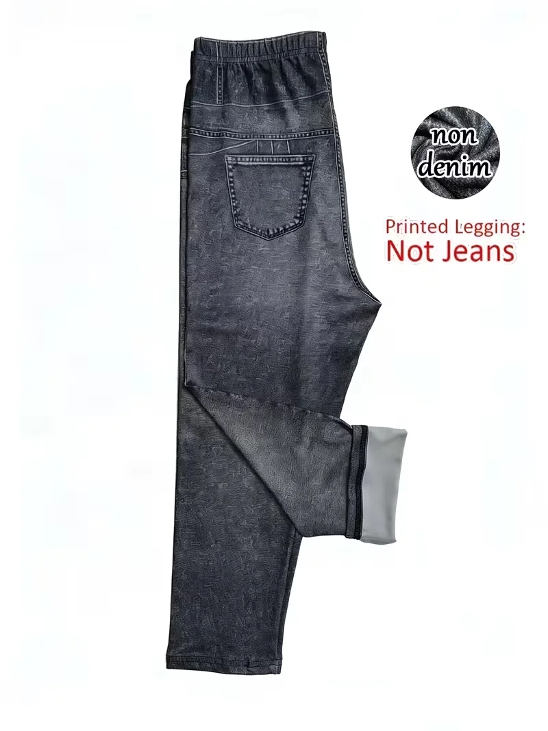 Bedruckte Leggings, kein Denim-Stoff, Caprihose mit aufgedruckter, aber nicht vorhandener Tasche und Knopf, hochelastische, neue, modische Skinny-Hose. – Detail 6