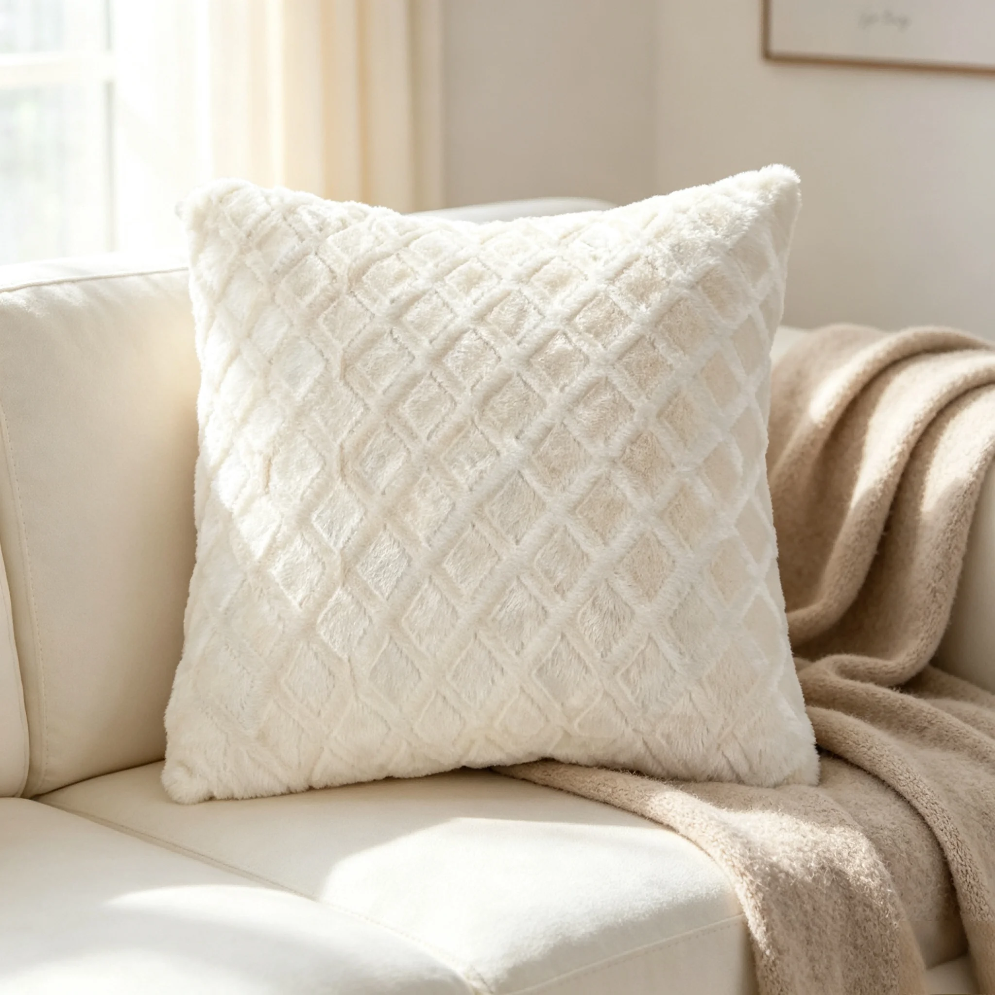 Floral Diamond Patterned Plush Sofa Back Cushion Cover Square Solid-Colored Throw Pillow Case for Home Decor