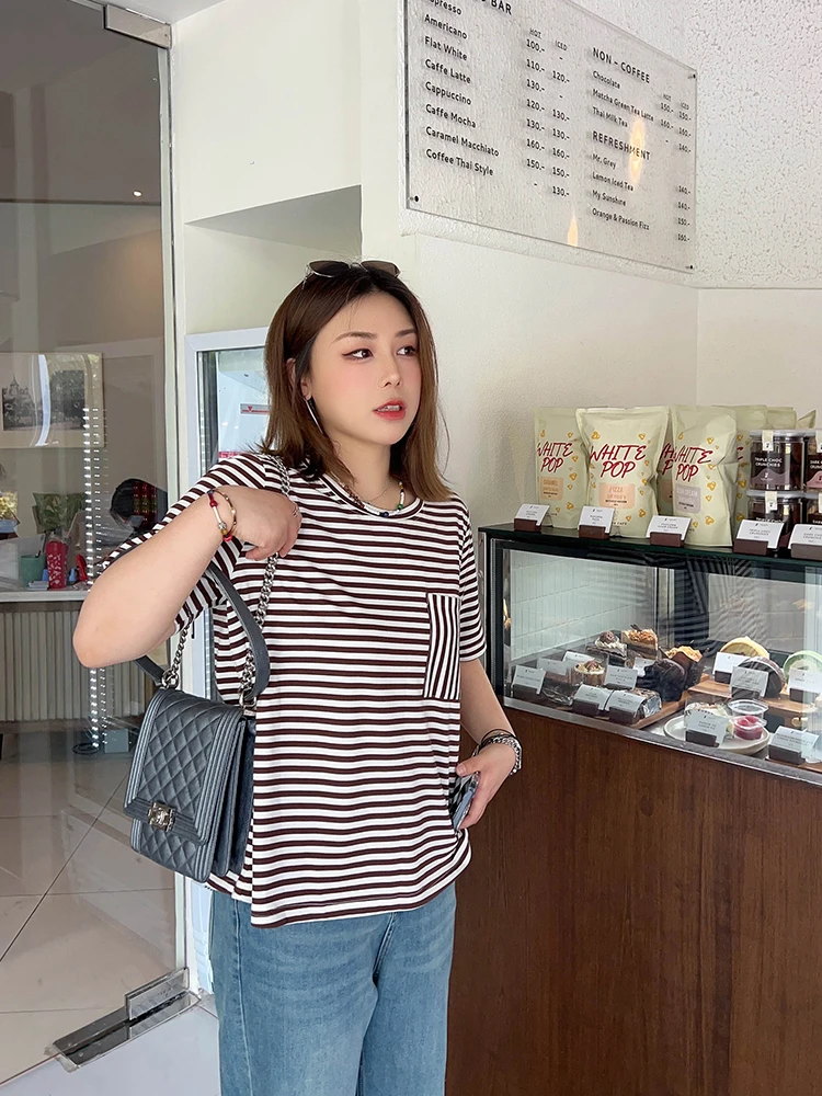 

Футболка Vogana в полоску, повседневная, женская, летняя, свободного кроя, модная, больших размеров, удобная, дышащая, из смесового хлопка