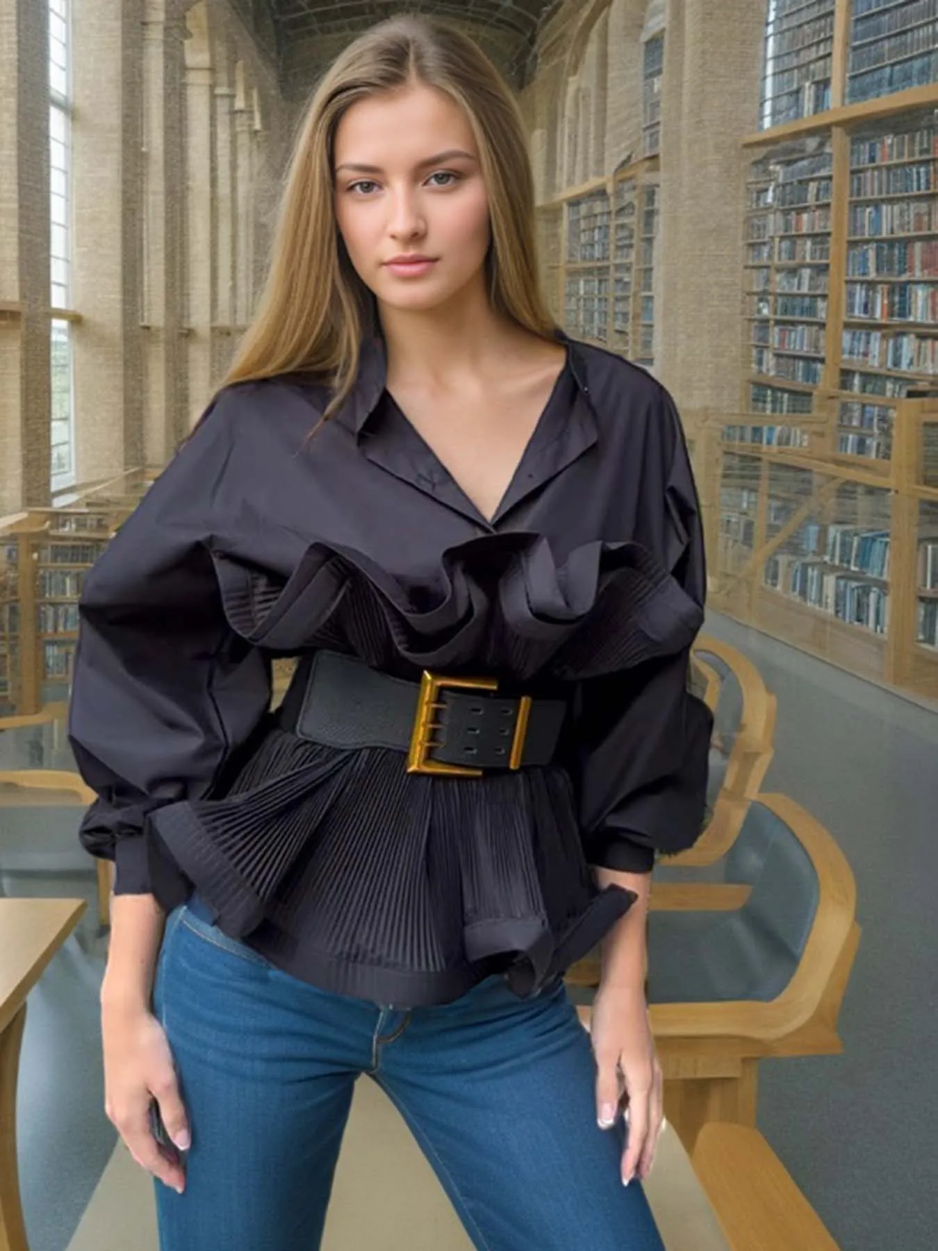 

Women Personalized Palace Long Lleeves Lotus Leaf Edge Shirt High Waist Stand Collar Slim Fit Top For Women's Clothing