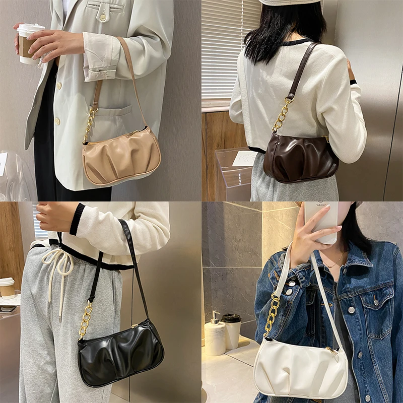 Women Fashion Chain Shoulder Bag, Solid Color Zipper PU Leather Handbag (White, Khaki, Black, Brown)