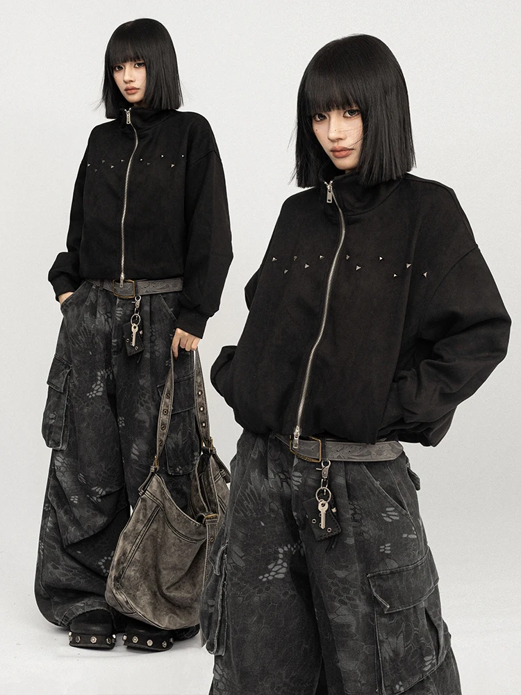 

Retro American ort Loose Fit Jaet for Women with Rivet Stand Collar Autumn Winter Faion Ladies' Top Polyester Spandex