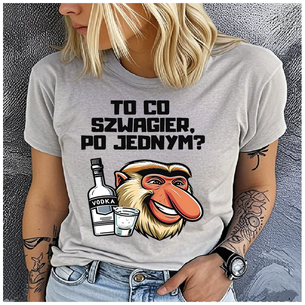 Cotton 100% Novelty Monkey Vodka Graphic T‑Shirt Women Gray Short Sleeve Crew Neck Tee Funny Party Casual Daily Fashion Top