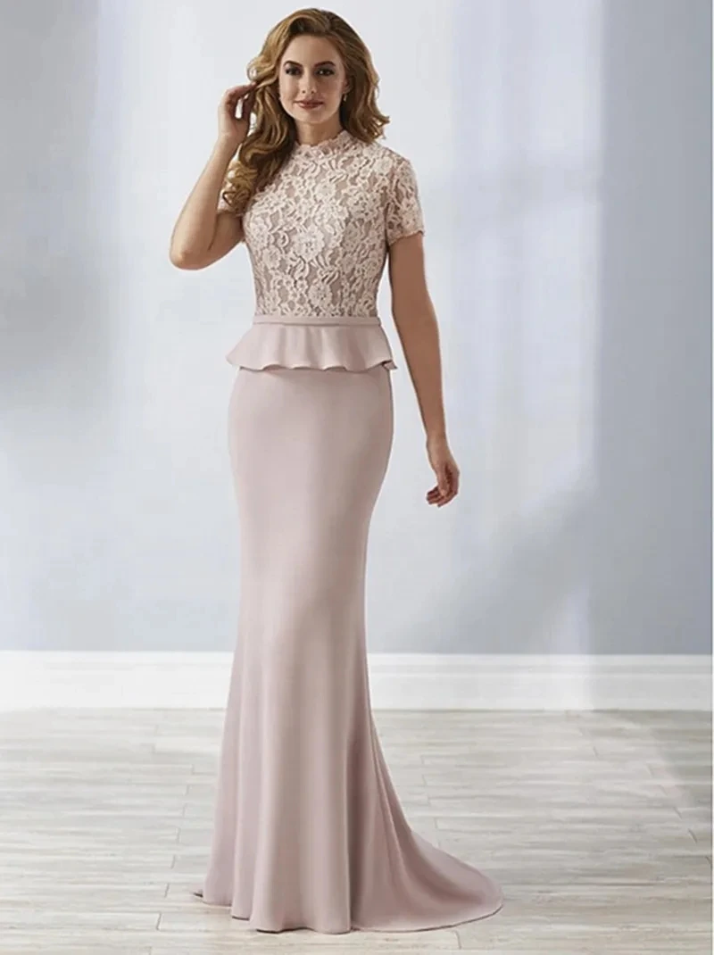 

2025 Elegant Mother of The Bride Dress High Neck Ruffles Lace Short Sleeves Satin Illusion Mermaid Wedding Guest Party Gowns New