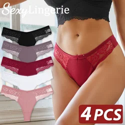 FINETOO 4PCS/Set Sexy Cotton Lace Thong Women Solid Low Waist G-String Underwear Female Breathable Panties Intimates Lingerie