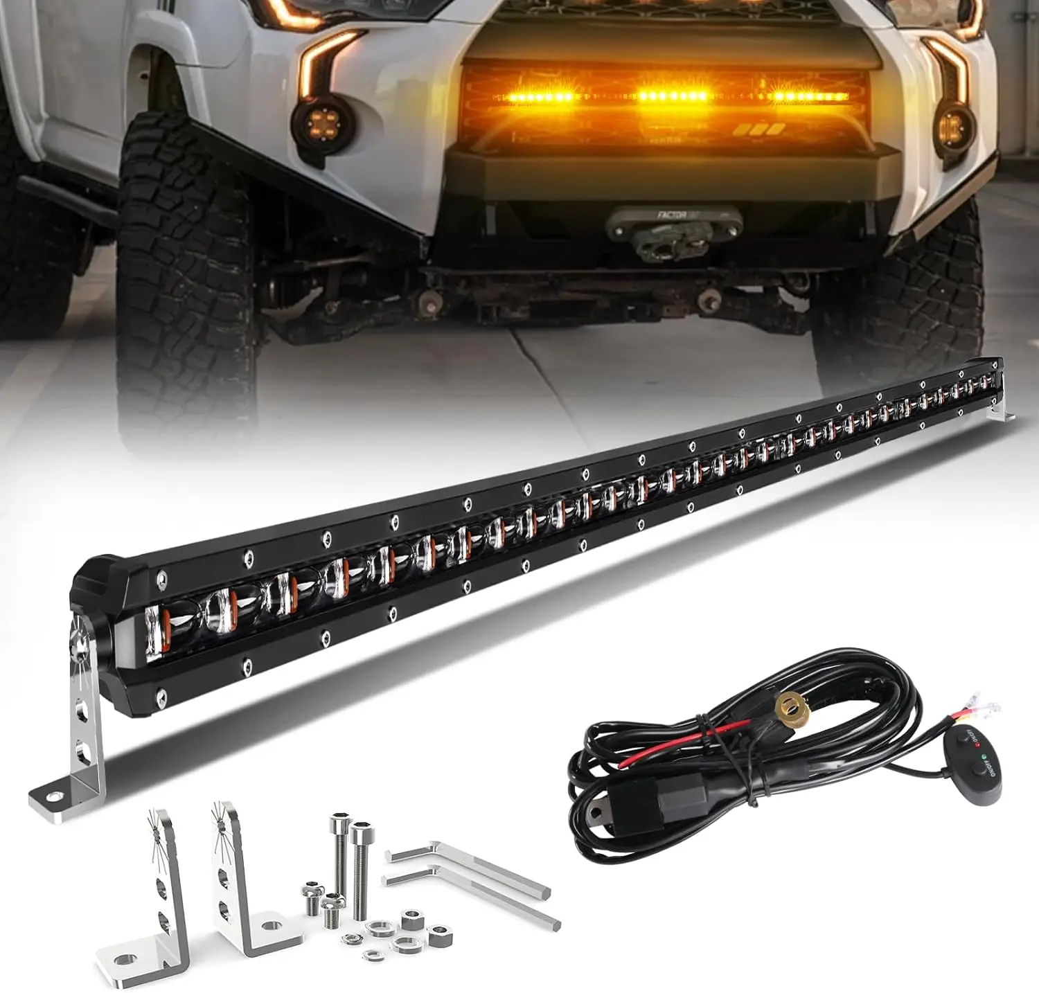 

32 Inch White & Amber LED Light Bar with Flashing Strobe for Off-Road Truck SUV UTV Car