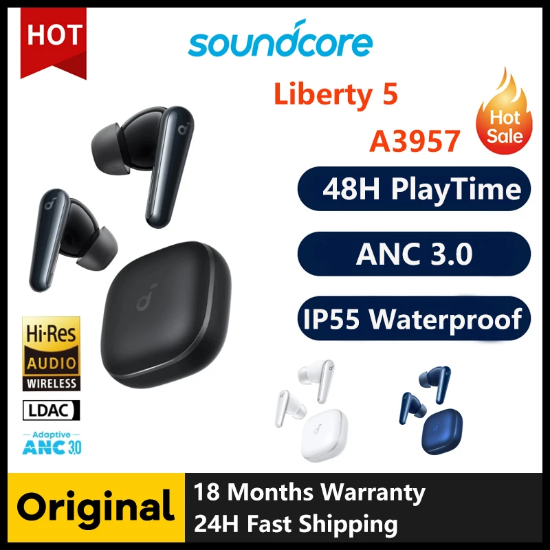 سماعات أذن Soundcore Liberty 5 المانعة للضوضاء، الإصدار الأصلي الجديد مع أدوات التحكم في التطبيقات المتاحة Dolby Audio.ANC 3.0 48H