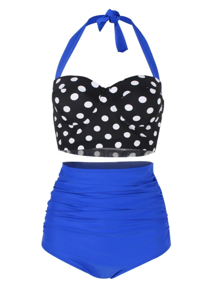 

Retro French Designer 2 Piece Bikinis Sets Young Women Large Size High Waist Mini Short Halter Crop Top Polka Dot Contrast Color