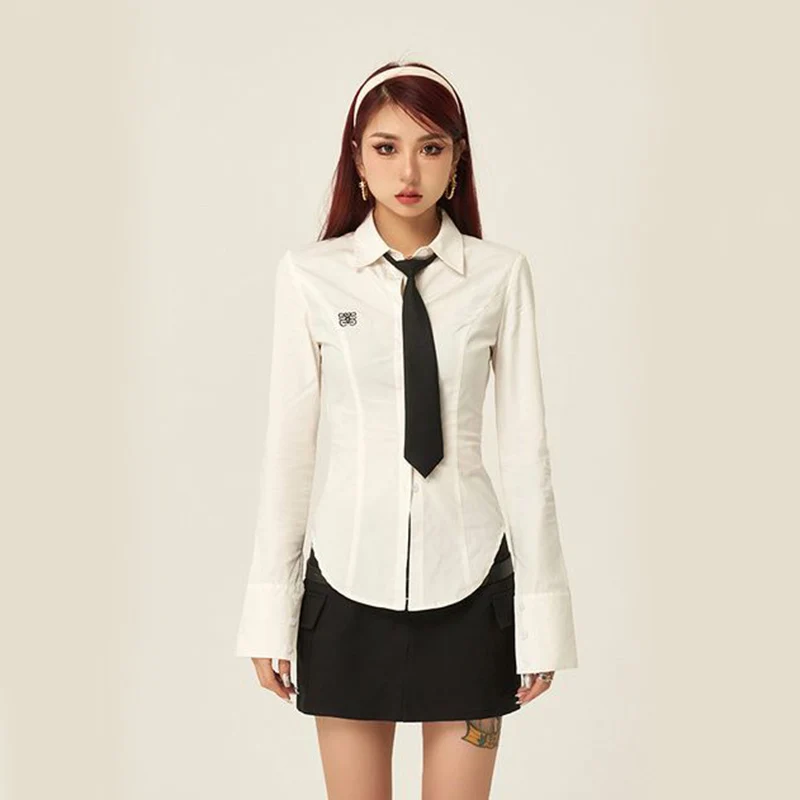 Korean with Tie White Shirt Women Y2K Fashion Slim Chic Long Sleeve Lapel Tops Lady Streetwear Jk Uniform Button Up Blouse