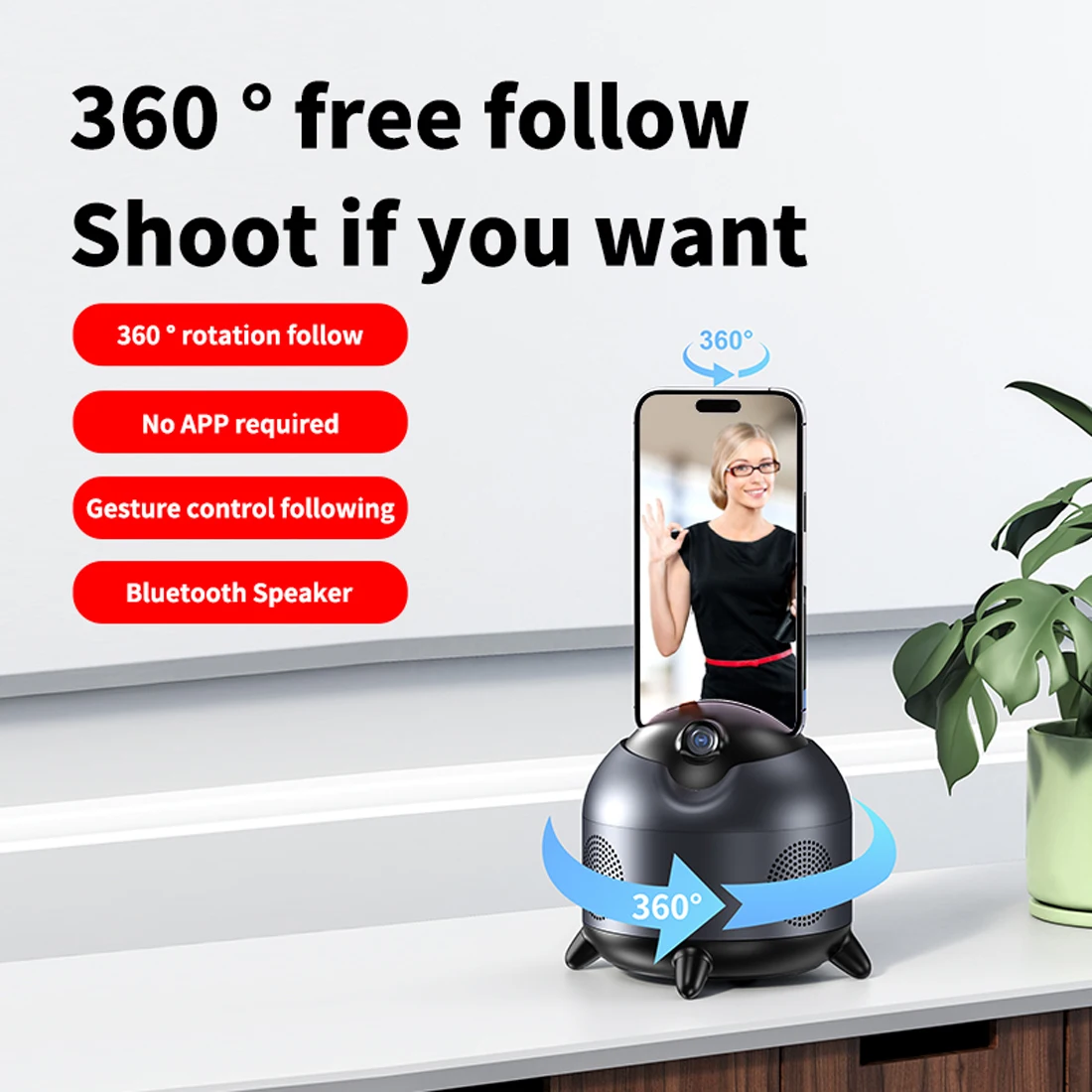 360° Auto Face Tracking Tripod with Gesture Control, Auto Tracking Phone Holder for Video Recording with Bluetooth Speakers.