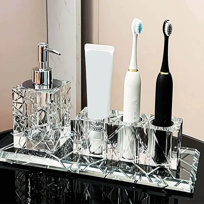 

Усовершенствованные хрустальные аксессуары для ванной комнаты, легкий роскошный отель, стеклянный держатель для зубных щеток, лоток для хранения в ванной комнате, коробка для ватных тампонов