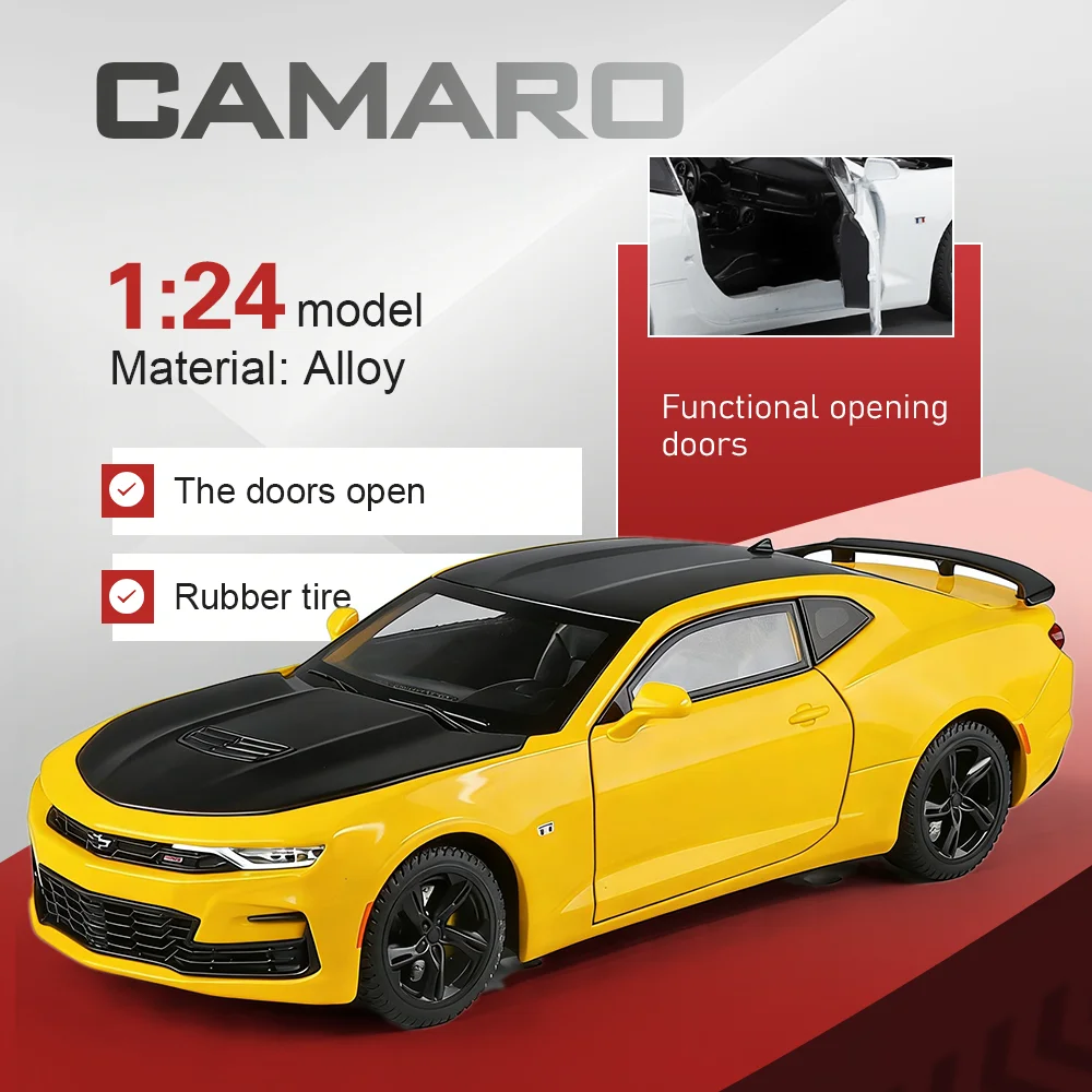 

1:24 Camaro GT Sports Car Model Diecast Alloy Toy with Sound and Light Doors Opened Pull Back Miniature Vehices Ornament for Boy