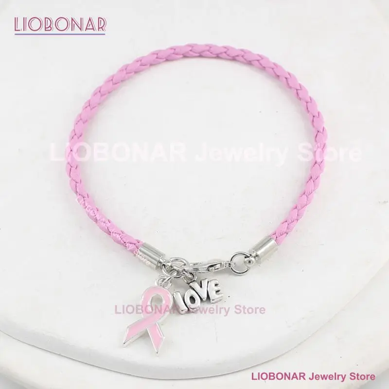 New Arrival Simple Pink PU Braid Leather Bracelets Awareness Jewelry Breast Cancer Bracelet With Pink Heart Ribbon Charm Pulsera