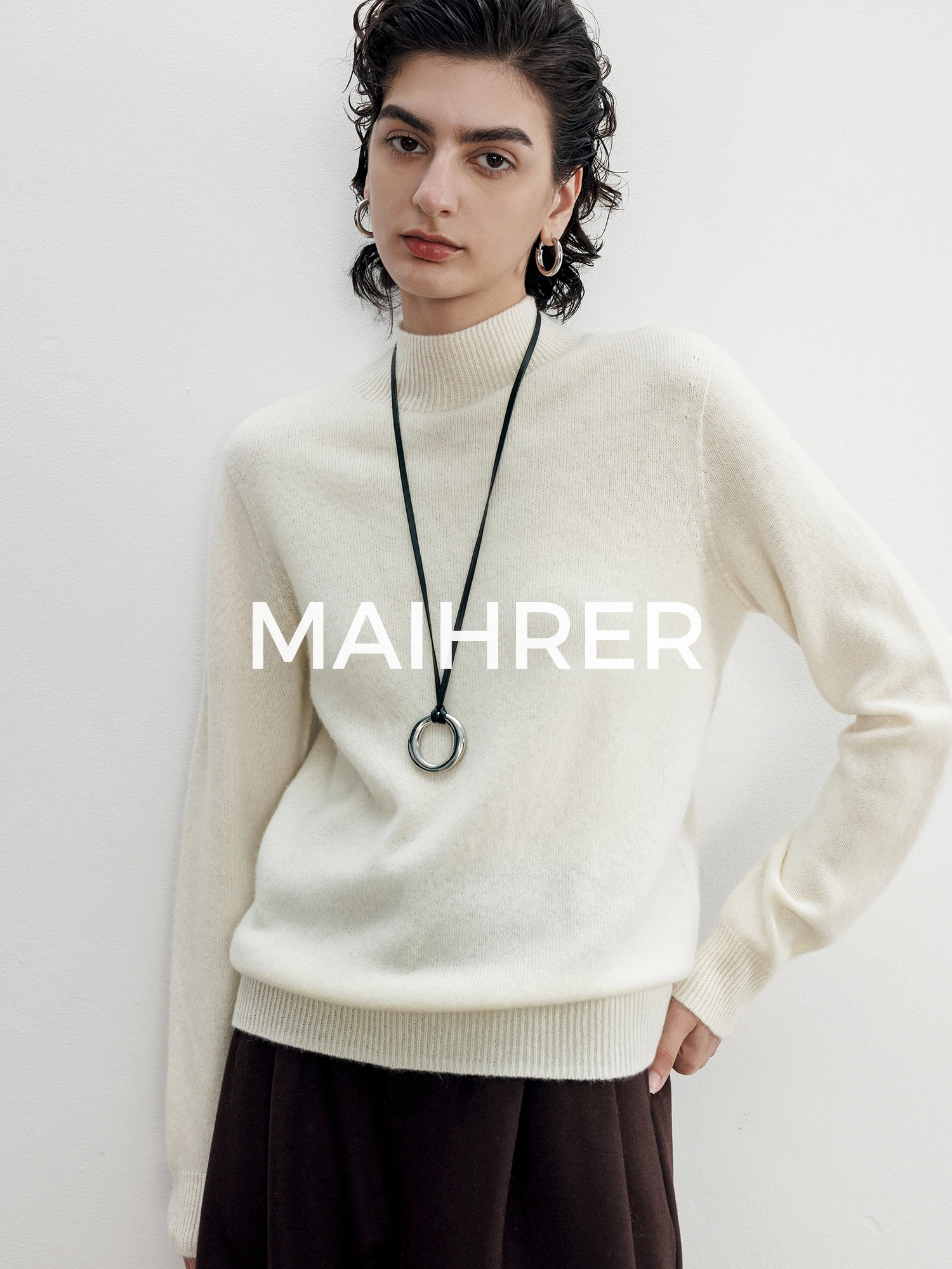 

Белый вязаный свитер из 100% шерсти для женщин, осенне-зимний, с высоким воротником, облегающий, базовый слой, повседневный, комфортный, мягкий