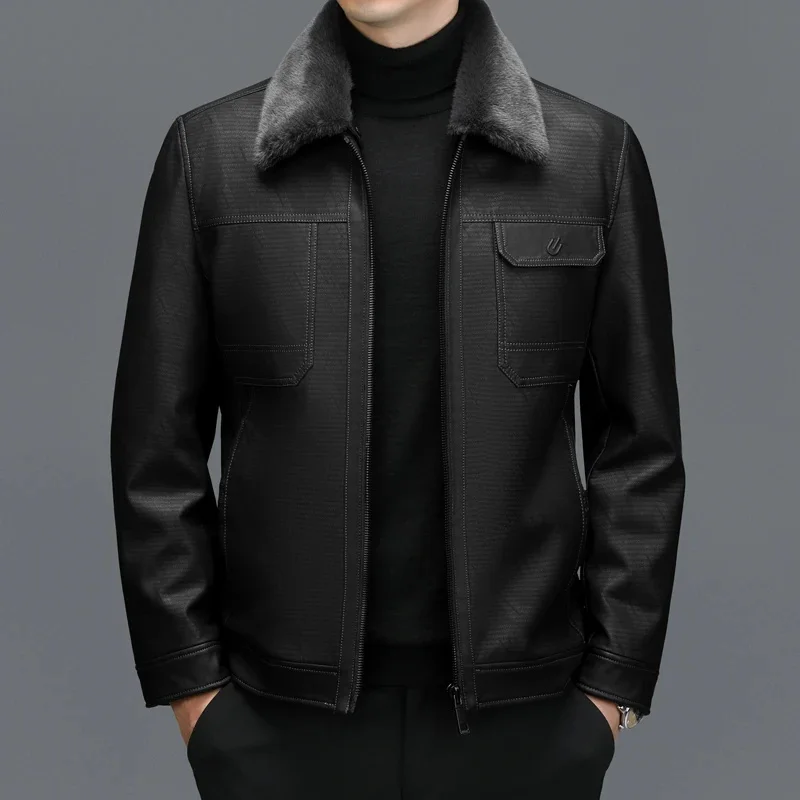 

ZDT-8051 Men's Genuine Leather Down Coat Winter Sheepskin Jacket Lapel Thickened Casual