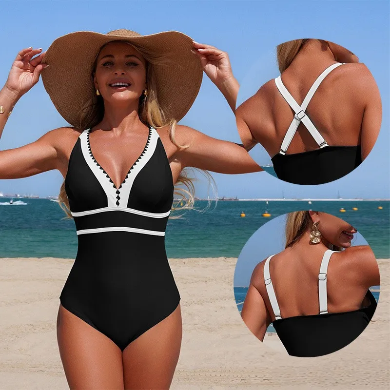 Woman Swimsuit V Neck Turquoise Bathing Suit Solid Contrast Trim Black Monokini High Cut Leg Swimwear with Adjustable Straps view 2
