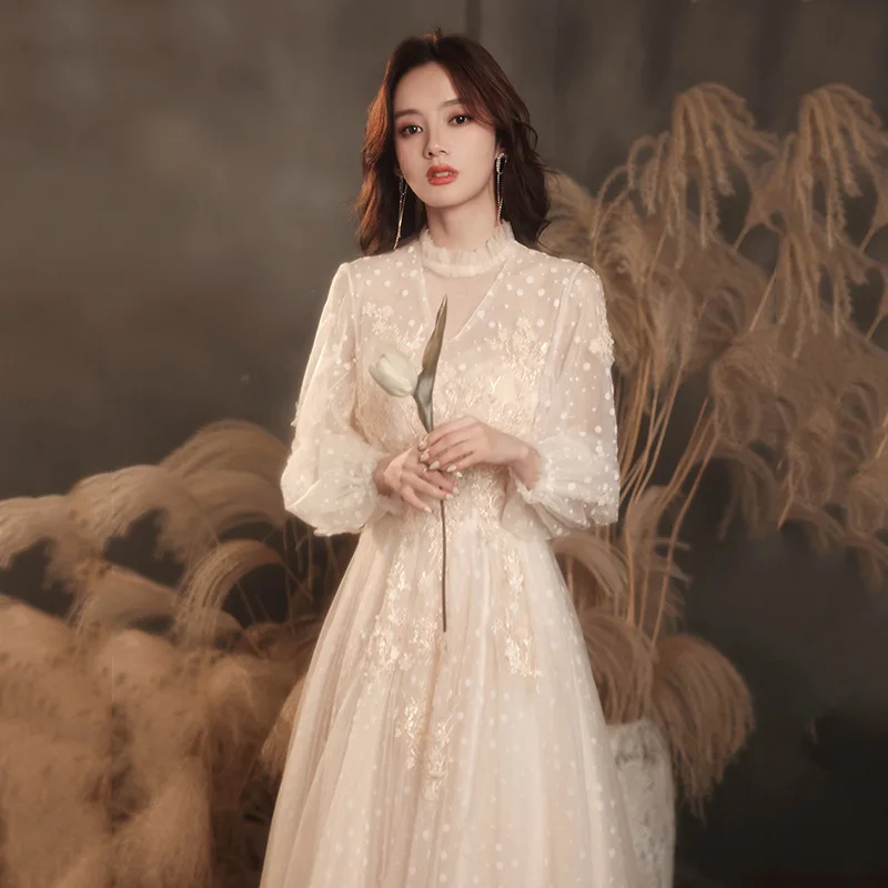 GIYSILE Long-sleeved Bridal Wedding Dress Champagne Temperament Long Dresses Short-sleeved Mid-length Birthday Party White Dress