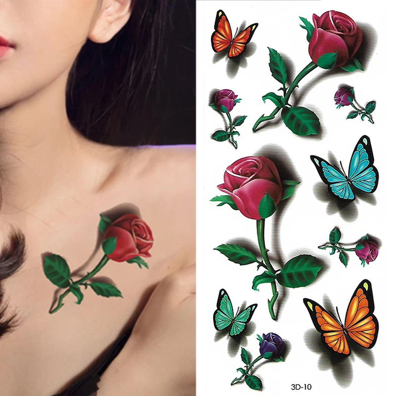 1pcs 3D Butterfly Tattoos Stickers Rose Flower Girls Women Body Art Water Transfer Temporary Tattoo Sticker Arm Wrist Fake Tatoo